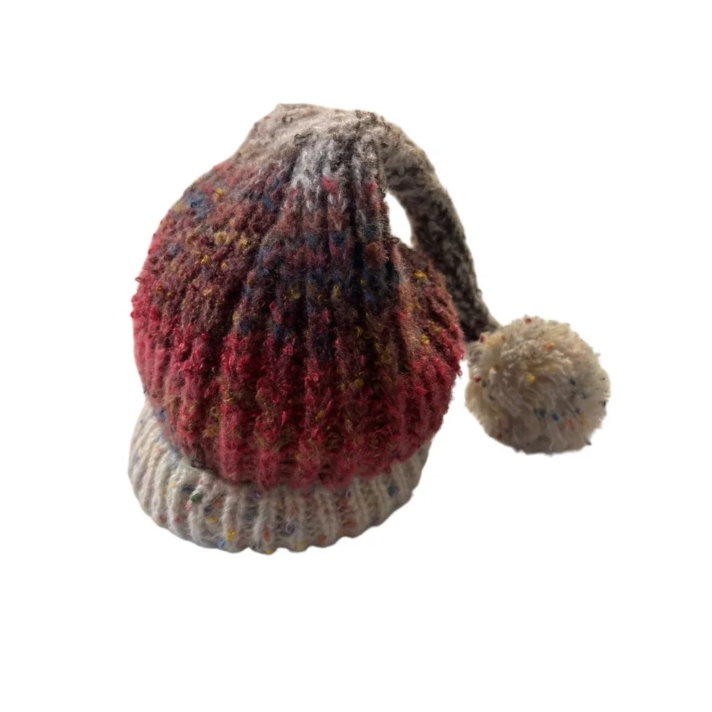Handmade Chunky Knit Stocking Cap Long Tail Pom Beanie Burgundy Cream Multicolor